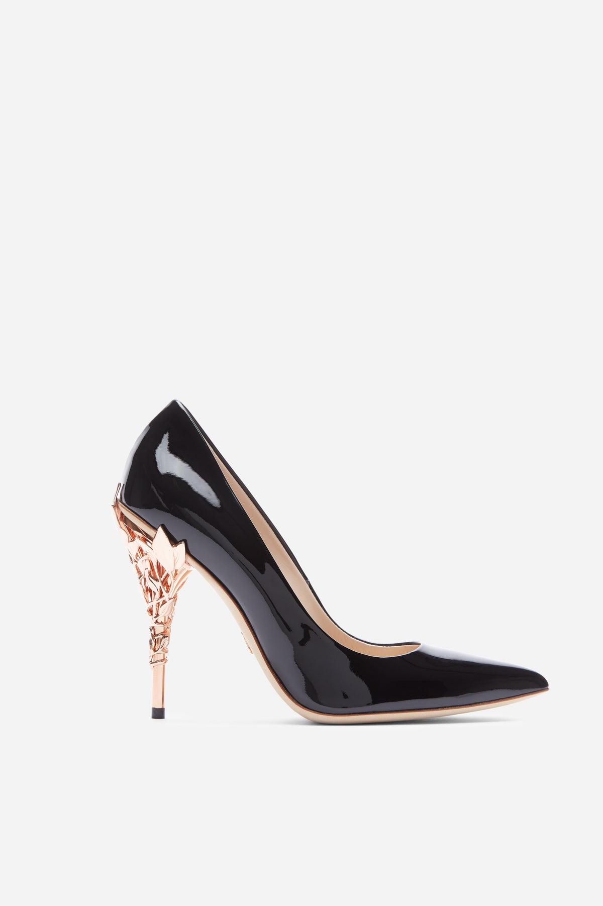Black Patent Leather Eden Heels with Rose Gold Leaves